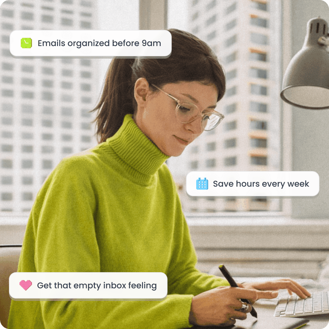 A woman in glasses and a bright green sweater works at her desk on a laptop. Overlaid text highlights email organization benefits like saving time and achieving an empty inbox. Office setting, focused ambiance.