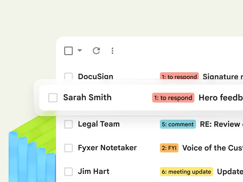 A close-up of an email list showing various items. Each email has colored labels like "1: to respond" in red, "5: comment" in blue, creating an organized, urgent tone.