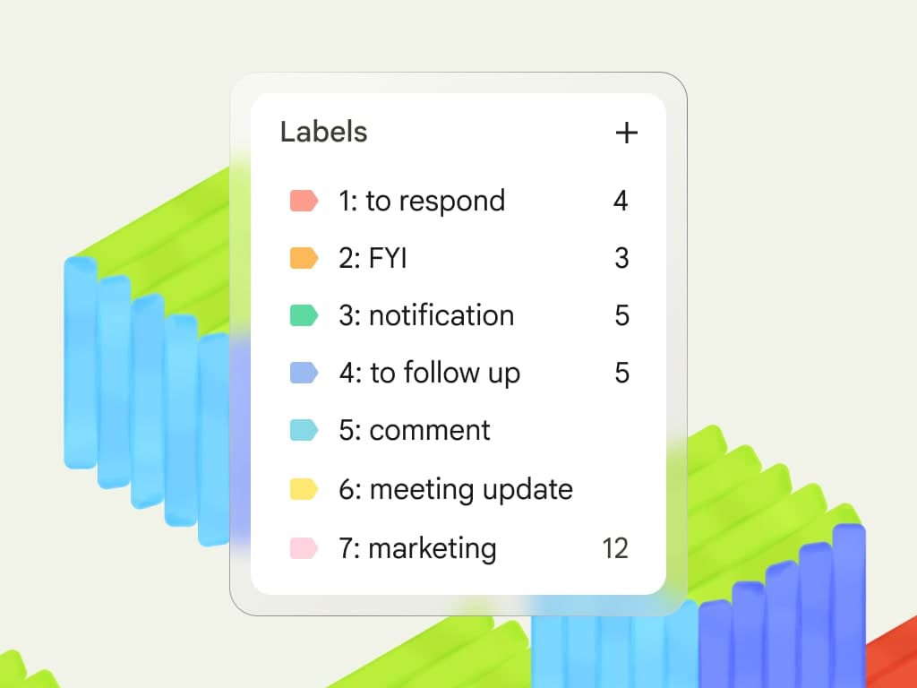Alt text: A white pop-up window titled "Labels" lists categories with colored labels, including "to respond," "FYI," and "marketing," alongside numbers. Background features green and blue 3D rectangles.