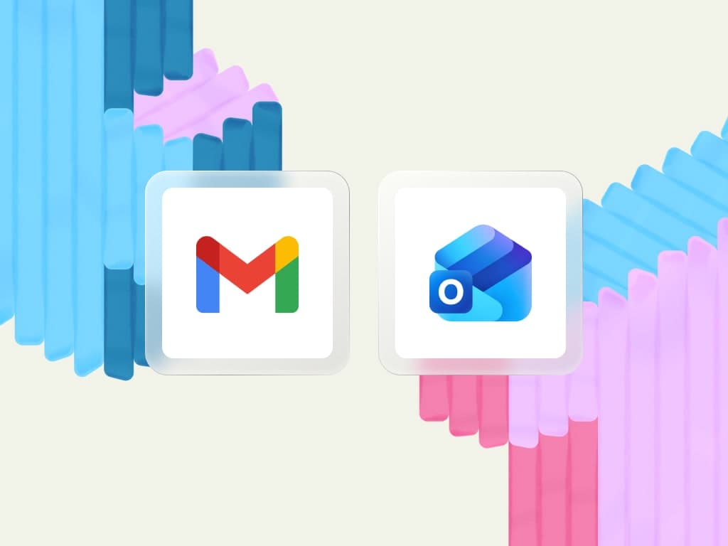 Two app icons are centered: Gmail with a colorful "M" and Outlook's blue envelope. Background features vibrant, layered, wavy patterns in pink, blue, and purple.