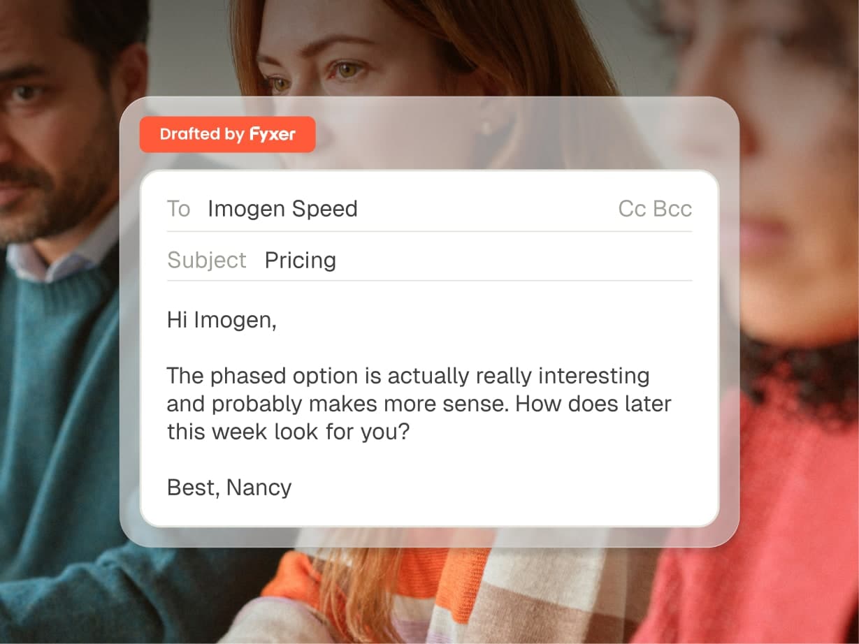 Overlay of an email draft titled "Pricing" is superimposed on a blurred background of three people. The email text discusses a phased option.