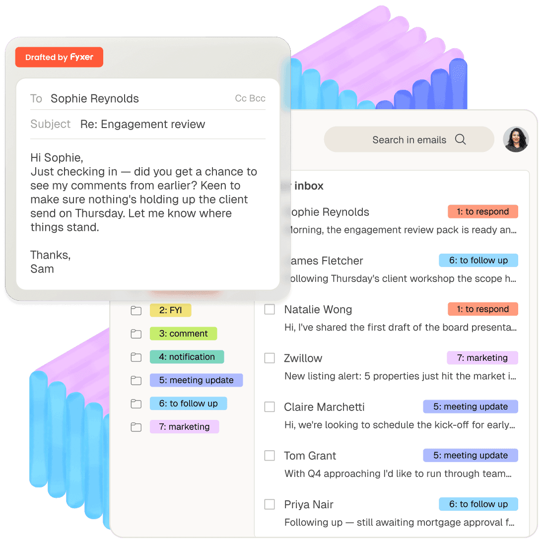 Email interface displaying a drafted message to Sophie Reynolds about an engagement review, overlaid on a colorful, categorized inbox.