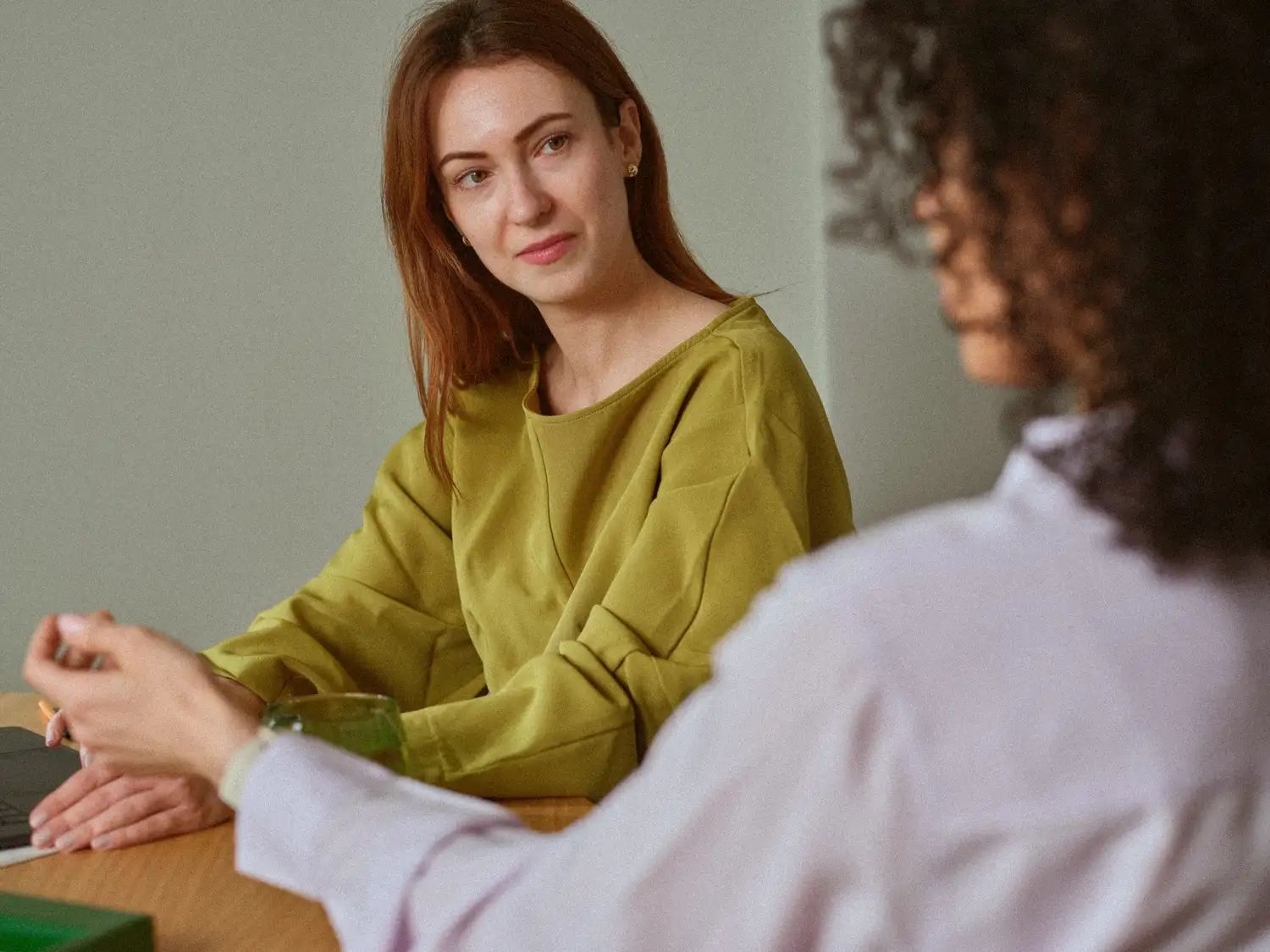 Two professionals in a meeting discussion